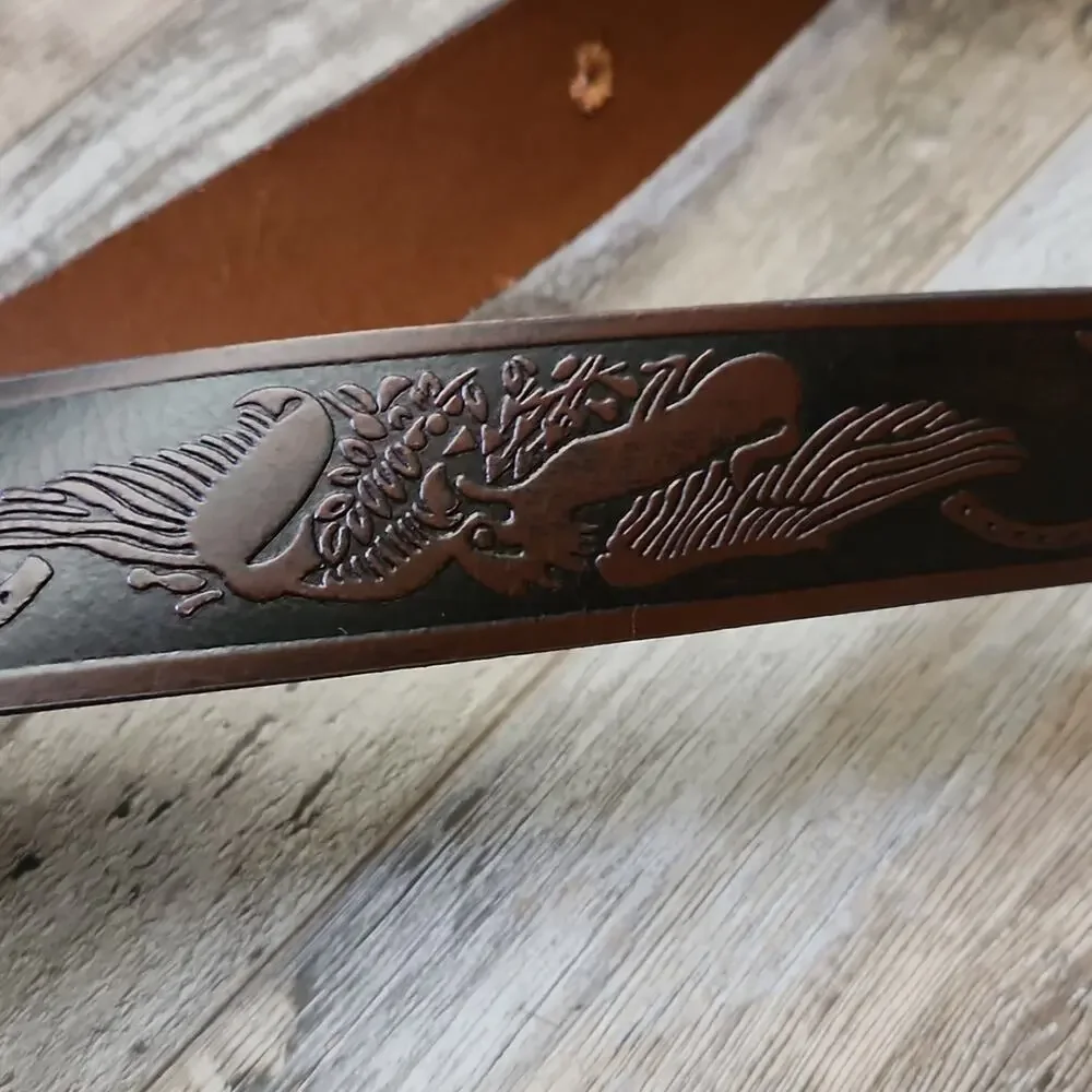 Wrangler Mens Brown Tooled Leather Belt 44/110 Eagle Brass Buckle Western Cowboy